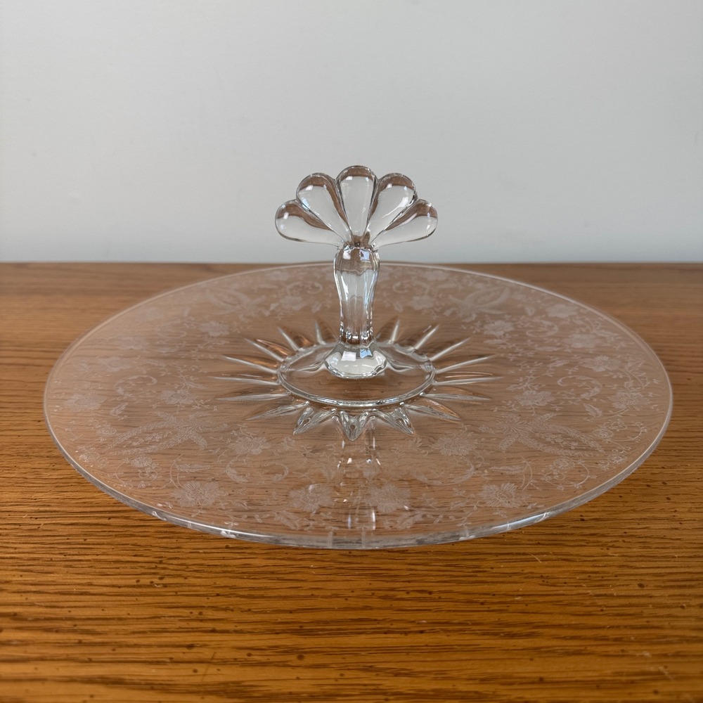 Paden City Glass Co Clear‎ Glass Etched Floral Cornflower Cake Plate Tidbit
